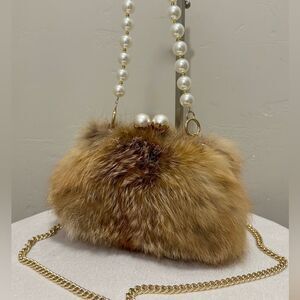 Natural Red Fox Fur Handmade Large “Pearl”Kisslock Purse with 2 Chain Styles